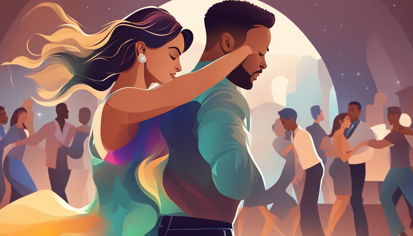 A couple dances bachata sensually, moving in sync with the music