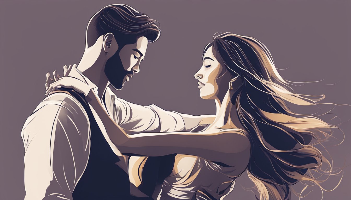 A couple dances sensual bachata, with fluid movements and close connection, in a dimly lit, intimate setting