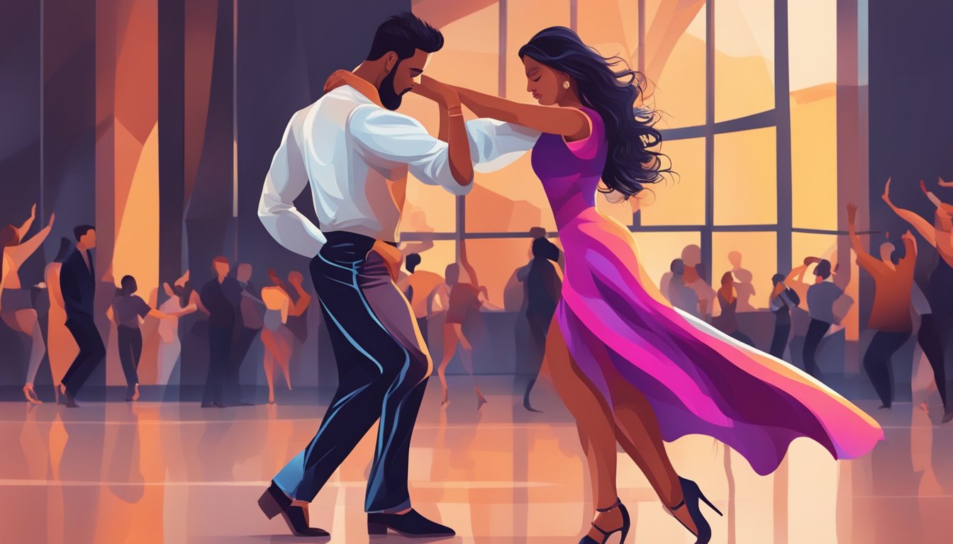 A couple dancing Bachata Sensual with fluid body movements and close embrace, expressing passion and connection