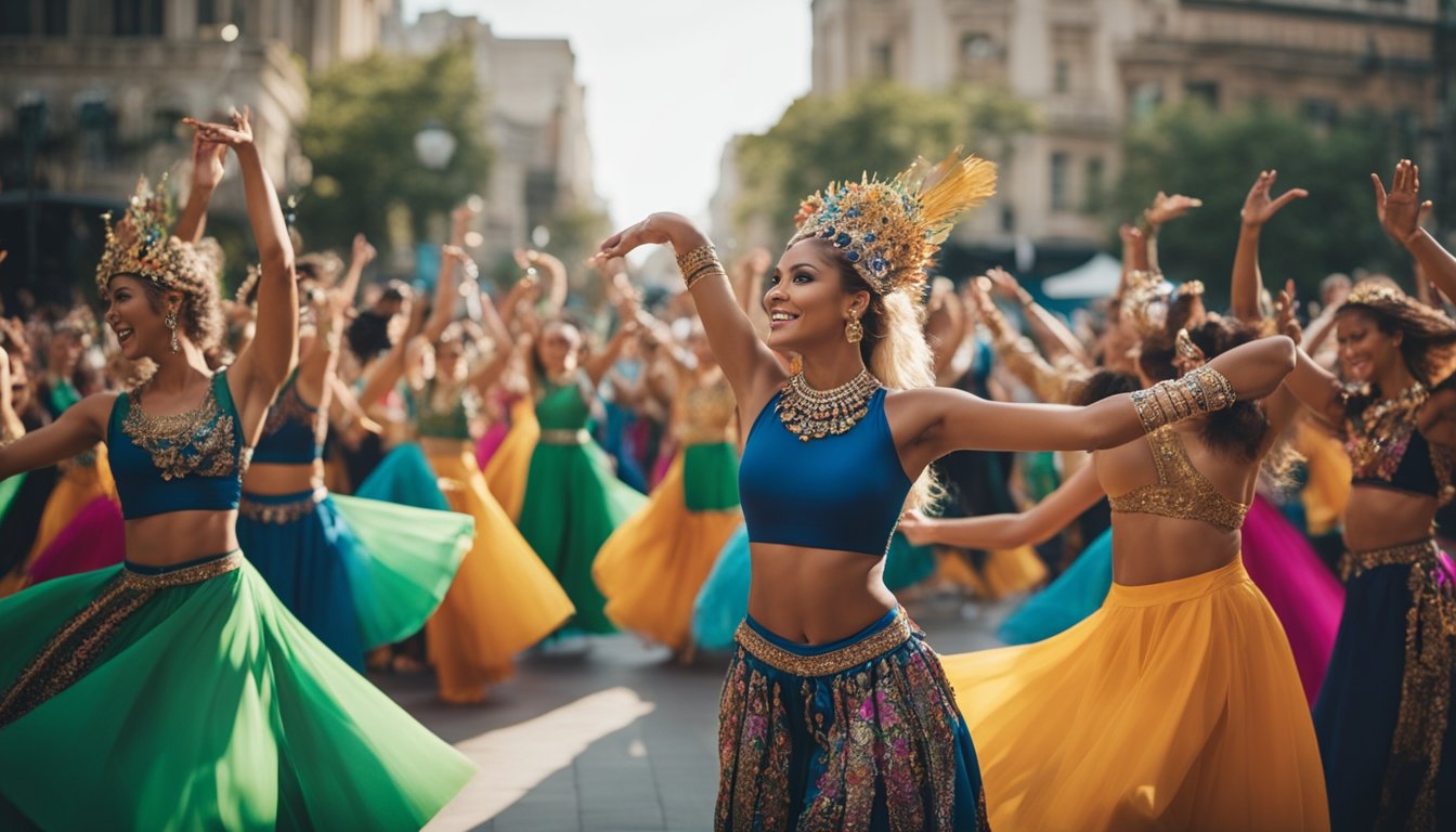 A vibrant dance festival with colorful costumes, dynamic movements, and enthusiastic audiences in a grand metropolitan setting